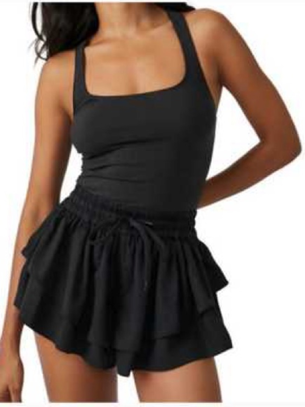 Free People FP Movement Prima Tiered Shortsie Romper Black Size Large